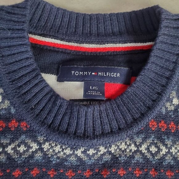 Tommy Hilfiger Sweater Mens Navy Blue Red Stripes Fair Isle Washable Luxe Wool - Picture 3 of 6